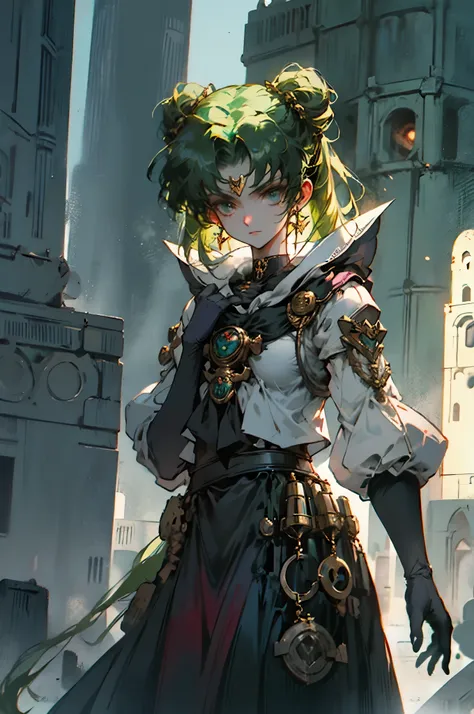 Black Kakalot Female, Green Hair, Look at Viewer, ancient tower
