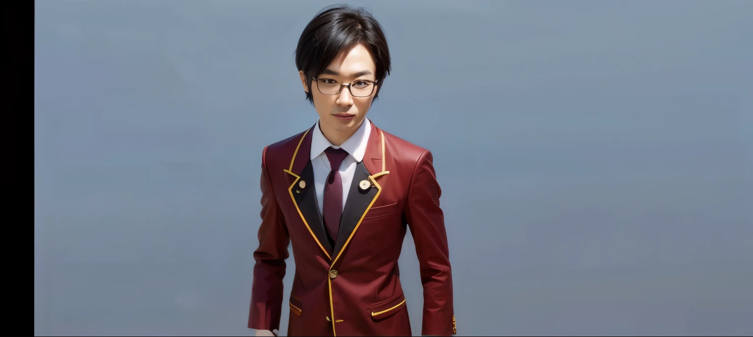 Japanese man, black hair, wearing glasses, School uniform