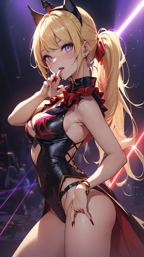 highest quality、Highest image quality、masterpiece、teenage girl((18-year-old、 Agar、vest bust、medium bust,wide open breast tea、golden eyes, blonde、ponytail、slender,highest valley、cute makeup、red nail polish、white gothic loli fashion、vampire teeth、black under...