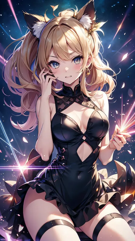 highest quality、Highest image quality、masterpiece、teenage girl((18-year-old、 Agar、vest bust、medium bust,wide open breast tea、golden eyes, blonde、ponytail、slender,highest valley、black dress、red nail polish、gothic loli fashion、vampire teeth、black underwear、o...