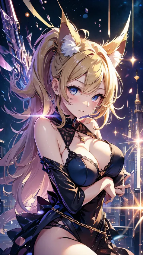 highest quality、Highest image quality、masterpiece、teenage girl((18-year-old、 Agar、vest bust、medium bust,wide open breast tea、golden eyes, blonde、ponytail、slender,highest valley、black dress、red nail polish、gothic loli fashion、vampire teeth、black underwear、o...