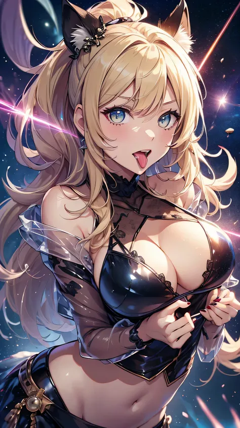 highest quality、Highest image quality、masterpiece、teenage girl((18-year-old、 Agar、vest bust、medium bust,wide open breast tea、golden eyes, blonde、ponytail、slender,highest valley、black dress、red nail polish、gothic loli fashion、vampire teeth、black underwear、o...