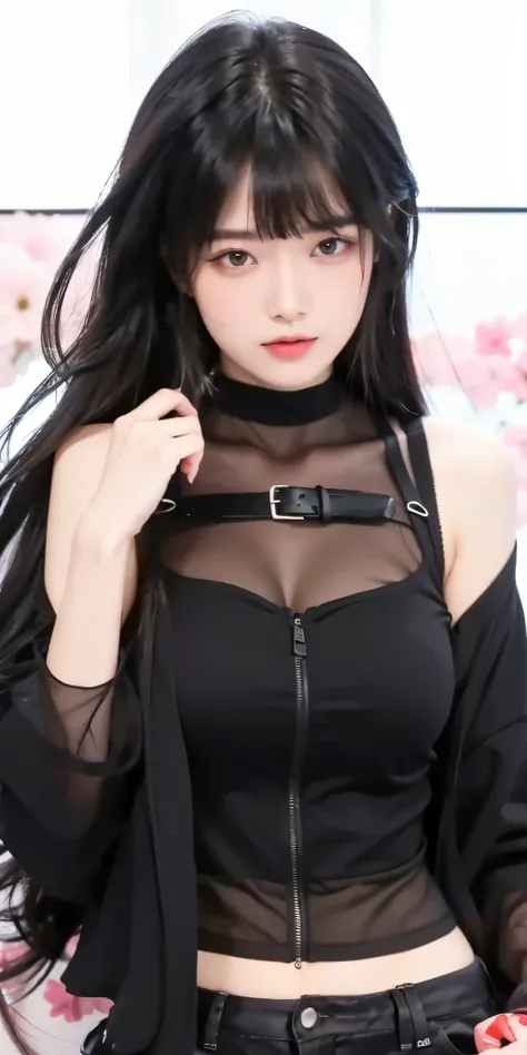 1girl, black hair, red eyes, high quality, ultra detailed, masterpiece, realistic, clothes