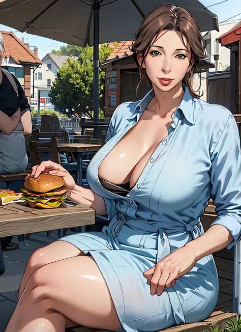 realistic,outdoors,
a photo of a mature female with large breasts eating burger, sitting,table,