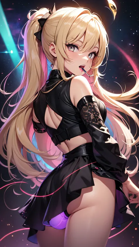 highest quality、Highest image quality、masterpiece、teenage girl((18-year-old、 Agar、vest bust、medium bust,wide open breast tea、golden eyes, blonde、ponytail、slender,highest valley、cute makeup、red nail polish、white gothic loli fashion、vampire teeth、black under...