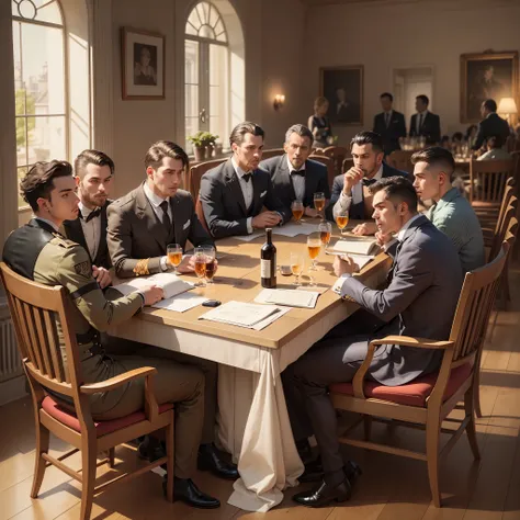 a group of male aristocrates, european race, about 10 people, sitting in a coffee house on a long table, reading books, drinking coffee, imperial age, dark theme, realistic  --auto --s2