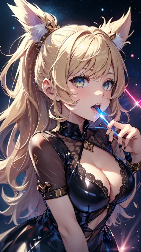 highest quality、Highest image quality、masterpiece、teenage girl((18-year-old、 Agar、vest bust、medium bust,wide open breast tea、golden eyes, blonde、ponytail、slender,highest valley、black dress、red nail polish、gothic loli fashion、vampire teeth、black underwear、o...