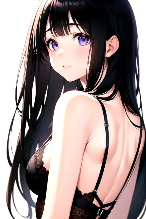 (a superb exquisite chitanda eru), (mature face), (((white background, half body))), purple eyes, long black hair, natural strai...