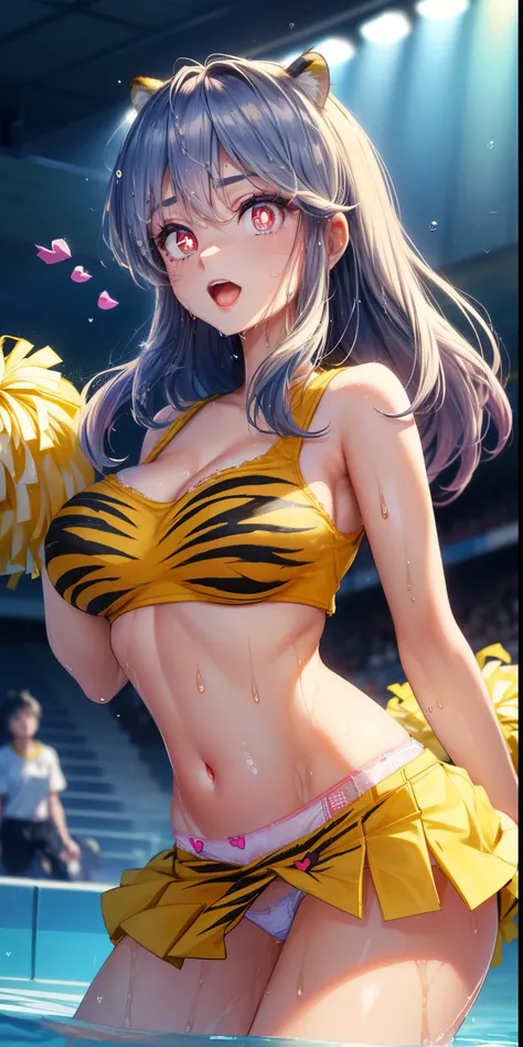 ram invader, detailed breasts, anime dick, (tiger print cheerleader: 1.2), （white panties:1.4）,muste piece, best quality, open mouth, tooth, ultra-detailed breasts, Yellow eyes, cute eyes, detailed face, a cute girl, big chest, red face, (wet with water: 1...