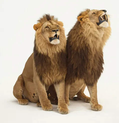 two stuffed lions sitting next to each other on a white surface, lions, lion, proud looking, mane, two male, by Juergen von Huendeberg, 2 animals, the photo shows a large, by Edward Corbett, by Robert Medley, by Linda Sutton, lion mane, by Dietmar Damerau,...