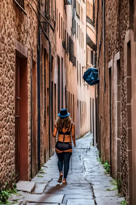 furina walking barefoot through a dark alley. Ropa negra. Lingerie.  --auto --s2