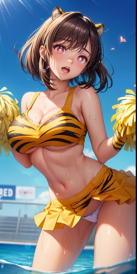 ram invader, detailed breasts, anime dick, (tiger print cheerleader: 1.2), （white panties:1.4）,muste piece, best quality, open mouth, tooth, ultra-detailed breasts, Yellow eyes, cute eyes, detailed face, a cute girl, big chest, red face, (wet with water: 1...