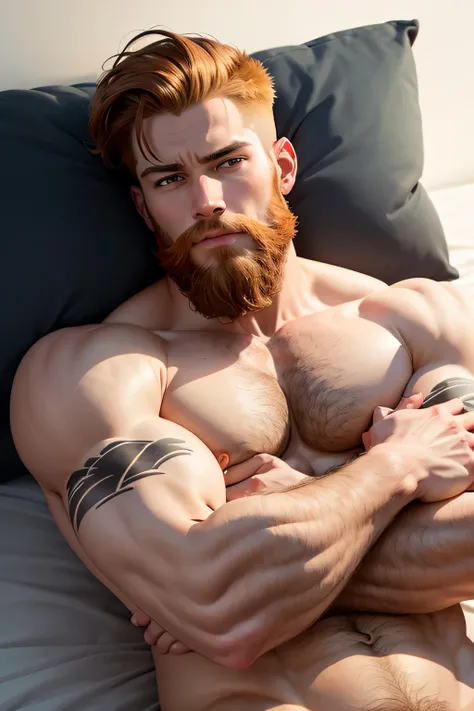 A bearded naked man laying down on the chest with his arms crossed in the starfish position showing his beautiful naked bubble ass seen from above birds eye view He looks very provocative white background ginger head short haircut  He is hot like a slut ar...