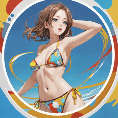 (a sticker,),(3D anime girl),bikini, elegance,beautyful face,(In circlerown background), (pollock border)（oil painting style）， ultra - detailed, best quality, Detailed diagram, vectorized, 8K, 专业a sticker设计, Graphic design, vector lines, a sticker, Full-HD