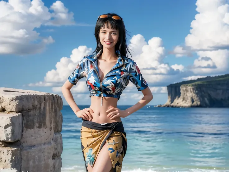 (((masterpiece))), NicoRobin, 1girl, solo, full body, long hair, looking at viewer, smile, blue eyes, large breasts, black hair, navel, holding, cleavage, closed mouth, standing, collarbone, jacket, short sleeves, cowboy shot, outdoors, sky, day, midriff, ...