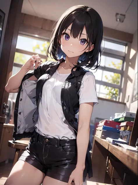 1 girl, (alone:1.2), ((masterpiece)), (shadow), [Slim], (Small), ((sharp focus)), pale skin, ((Detailed eyes background), (dynamic angle), black hair, Keep your mouth shut, Vest, shorts, permanent, Internal, living room, straight hair, looking at the audie...