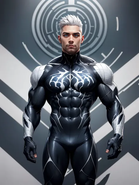 young muscular male, masterpiece, intricate details, upper body, best quality, eye focus, silver hair, manly, stubble, venom, symbiote costume,(emiya_shiro:1.2),dark skin, 1boy, (symbiote full bodysuit:1.1), eye focus, face, detailed eyes, symbiote skin ti...