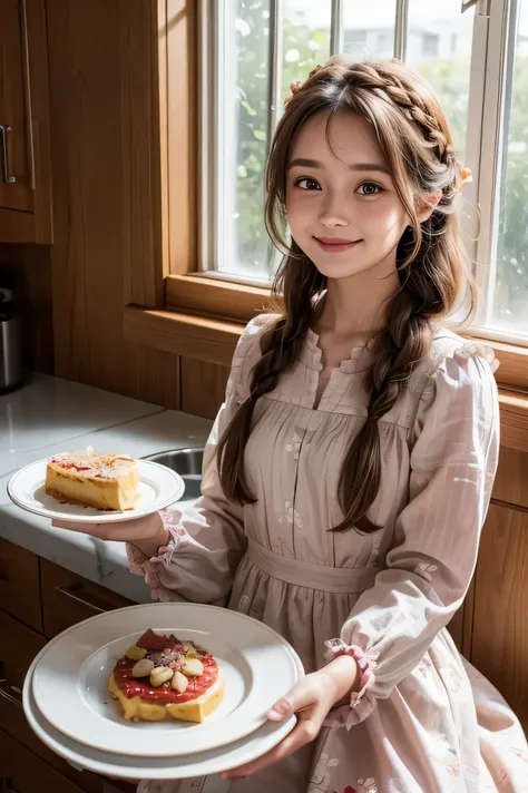 girl in modest full yellow dress, long full sleeves, should covers, long brown hair with front braid with flowers, big brown eyes, small chest, floral dress, full sleeves, high quality, in the day kitchen, smiling, happy aesthetic dress, no weird hands, ho...