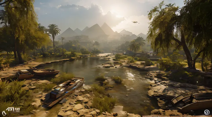 There is a picture of a river with a bridge and a boat，egyptian environment，Oasis in the desert，PC screenshot，village，Unreal Engine，egyptian landscape，视频Game screenshots>，Screenshots of gameplay，Game screenshots，Cinematic lens，Super realistic的图形，nile envir...