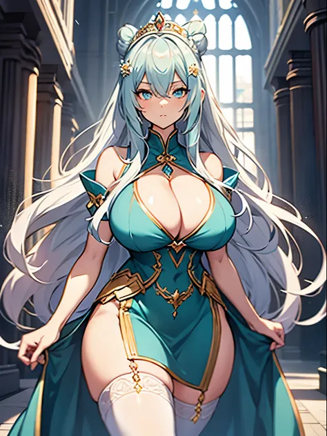 White haired anime girl, hair bun, long hair, bangs, braid, cyan eyes, princess, tiara, large breasts, thick thighs, cleavage, teal dress, golden accents, ice, glare, royal dress, royalty, detailed eyes, hourglass figure, pale skin, blue highlights, wide h...