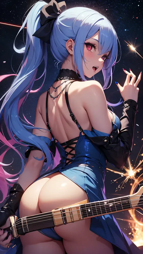 highest quality、Highest image quality、masterpiece、teenage girl((18-year-old、 Agar、vest bust、medium bust,wide open breast tea、red eyes, blue hair、ponytail、slender,highest valley、cute makeup、black nail polish、blue gothic loli fashion、vampire teeth、black unde...