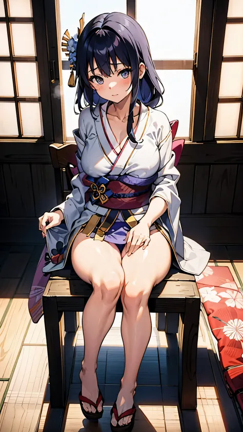 Japanese style kimono, cute girl around 18 years old, Her kimono is exposed and her chest and crotch are visible.., Breasts are about C cup, I can see the nipples, The female genitals between the crotches are visible, Pee is dripping from the female genita...