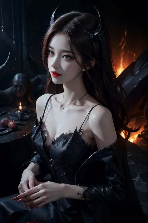 Sweet girl dress2,dress, Beautiful devil woman from hell, (in the darkness: 1.6), 大卫霍克尼和阿尔方斯穆夏的Surreal女性portrait, fantasy art, korean doll, photorealism, dynamic lighting, art station, poster, Volumetric lighting, The facial details are very rich, 8k, in t...