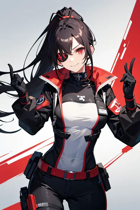 sci fi medic jacket, black hair, long ponytail red hair, red eyes, smirk, confident pose, her right eye using eye patch with med...