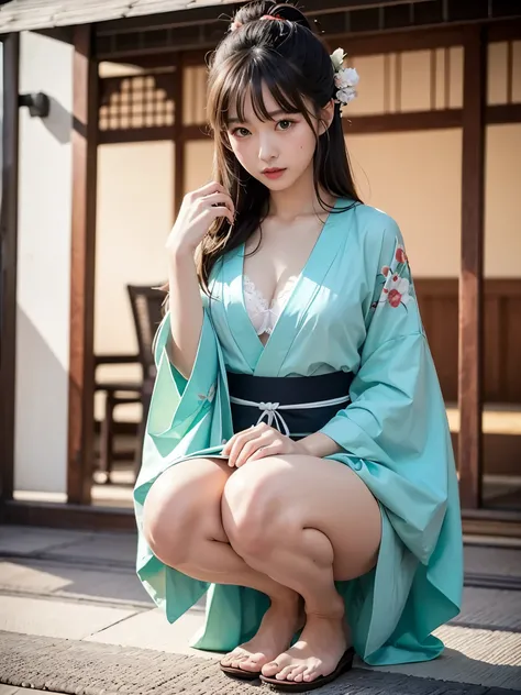 gorgeous kimono、red and white kimono、intricate kimono、majestic kimono、floral kimono、dense underwear、White lace underwear、show panties、Tuck up the hem of your kimono、Hem your kimono yourself、roll up one&#39;s kimono