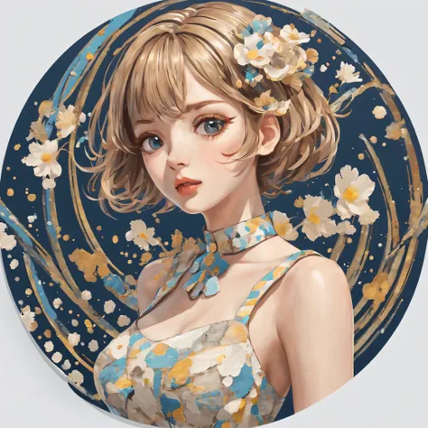 (a sticker,),(3D anime girl),dress, elegance,beautyful face,(In circlerown background), (pollock border)（oil painting style）， ultra - detailed, best quality, Detailed diagram, vectorized, 8K, 专业a sticker设计, Graphic design, vector lines, a sticker, Full-HD