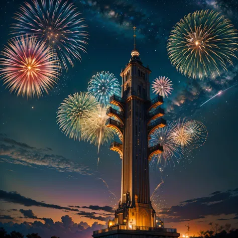 galaxy colorgalaxy spacious nebula dark _night_sky (Splendid fireworks bloom in the dark night sky background) moonset moonrise panoramic moonshine ultra Masterpiece fireworks Colorful_fireworks Envision cityscape bridges adorned patriotic lights fractal f...