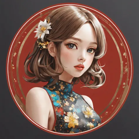 (a sticker,),(3D anime girl),dress, elegance,beautyful face,(In circlerown background), (pollock border)（oil painting style）， ultra - detailed, best quality, Detailed diagram, vectorized, 8K, 专业a sticker设计, Graphic design, vector lines, a sticker, Full-HD