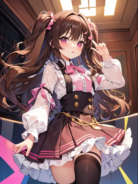 masterpiece, high quality, 1 girl, brown hair, curly hair, long hair, ((two side up)), pink eyes, pink frill shirts, black frill, black skirt, white stockings, holding a can juice