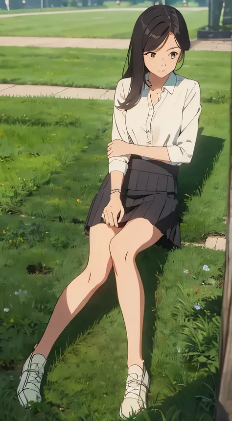 girl in short skirt on grass