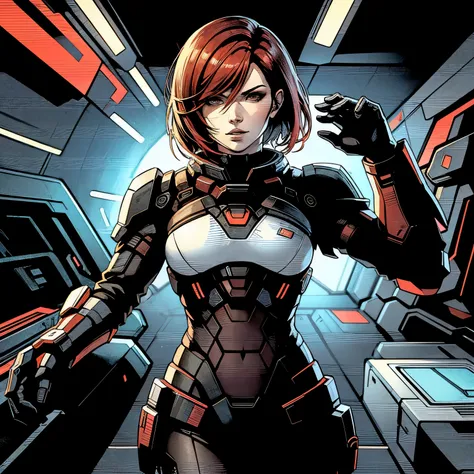 red head femshep, mass effect, scifi background