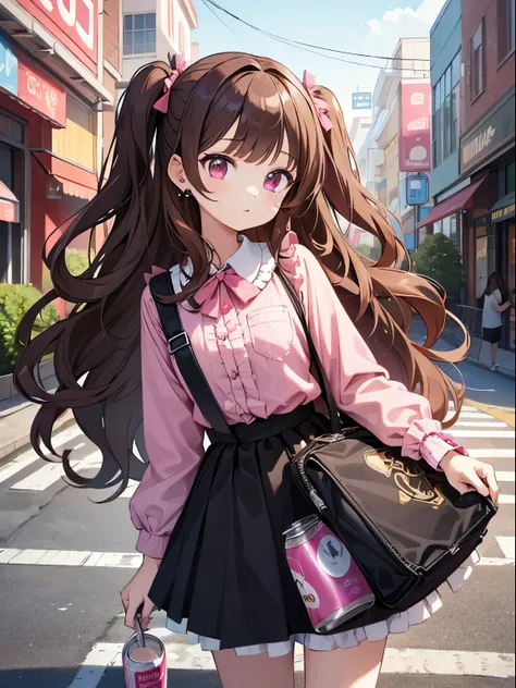 masterpiece, high quality, 1 girl, brown hair, curly hair, long hair, ((two side up)), pink eyes, pink frill shirts, black frill, black skirt, white stockings, many ear piercings, (holding a juice can), in the street