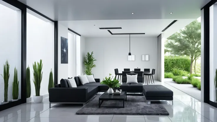 You are a famous interior designer、You have been asked to create a 3D image of a modern large room. Create a harmonious environment with modern and minimalist furniture. Including garden interior.