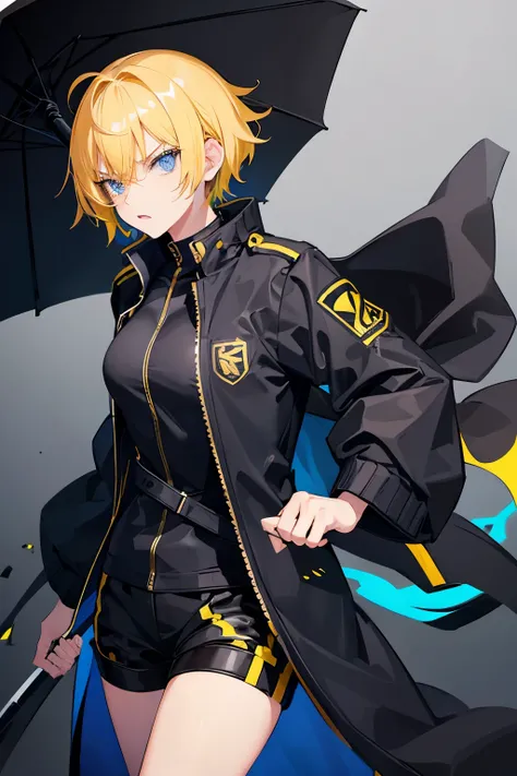 female, black jacket robe, yellow short hair, blue eyes, angry, intimidating pose,