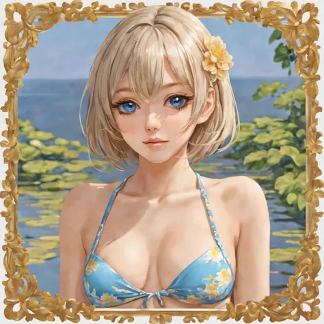 (a sticker,),(3D anime girl),bikini, elegance,beautyful face,(In circlerown background), (monet border)（oil painting style）， ultra - detailed, best quality, Detailed diagram, vectorized, 8K, 专业a sticker设计, Graphic design, vector lines, a sticker, Full-HD