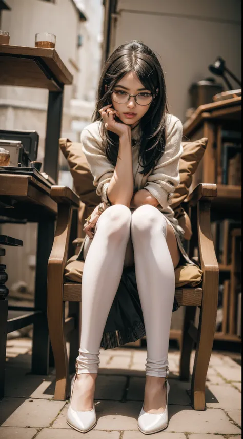 ((detailed eyes)), mary jane shoes, full body, sit on desktop, white stockings, glasses, cute body, cute face, alice in wonderla...