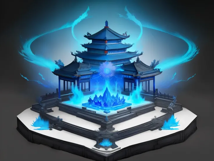 Ancient Chinese Mythology and Art，Large Xianxia Shura Field，Altar，blue ice and fire，lotus pedestal，Concept art illustration，Ink painting color blooming，Light painting rendering，Xianxia large-scale game CG scene