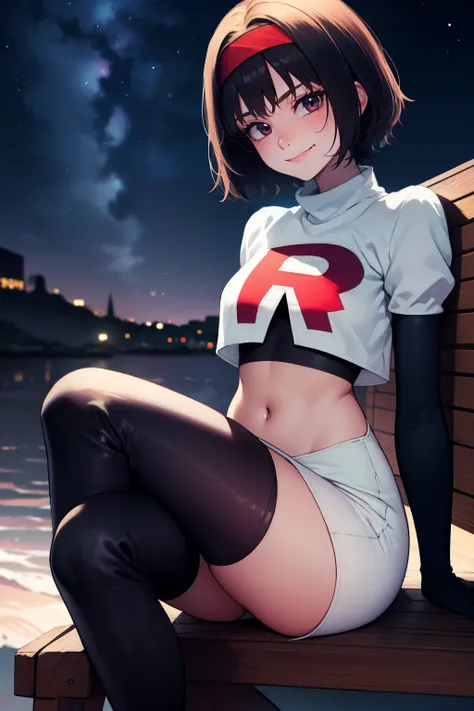 Erik, headband, short hair ,team rocket uniform, red letter R, white skirt,white crop top,black thigh-high boots, black elbow gloves, smile, looking at viewer, cowboy shot, sitting down legs crossed, night sky background