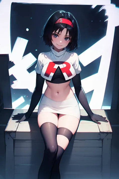 Erik, headband, short hair, grey eyes ,team rocket uniform, red letter R, white skirt,white crop top,black thigh-high boots, black elbow gloves, smile, looking at viewer, cowboy shot, sitting down legs crossed, night sky background