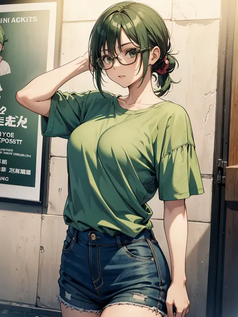 40-year-old woman poses in casual clothes, Short green hair ponytail, Wearing glasses, small tits, Calm expression.