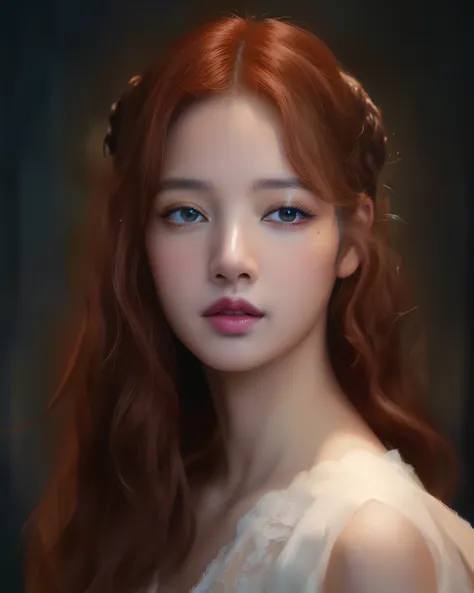 Un primer plano de una mujer con cabello largo y rojo y ojos azules, pintura digital realista, fantasy portrait, realistic arte digital 4 k, realistic arte digital 4k, preciosa pintura digital, Retrato de belleza detallado, fantasy art portrait, arte digit...