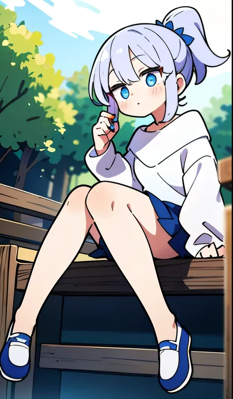 masterpiece:1.3、ultra high resolution:1.3、Beautiful woman、alone、G cup、ponytail、two tone hair、beautiful silver hair、blue eyelid body image、real moist skin、cute、fashion、outdoors、dropped shoulder oversized sweater:1.3 、skirt、machine、summer、hand、feet、shoes