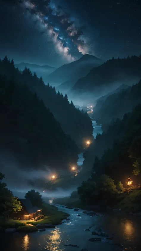 masterpiece, best quality, high detail, ((background)) , milk-river, stars rain, anime style, realistic, foggy around, cinematic lighting, depth of field, glowing light, ray tracing, vignetting, ((wide shot)), masterpiece