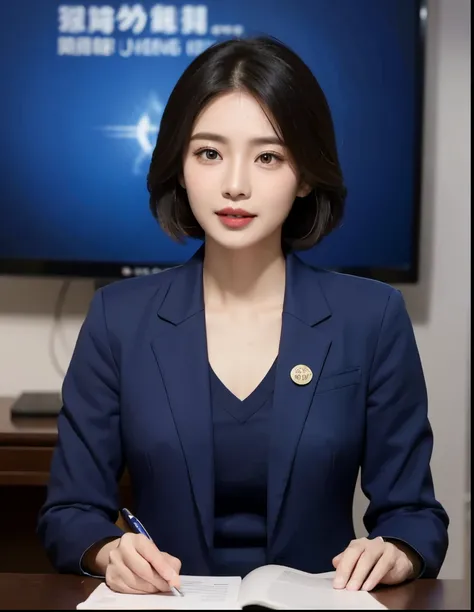 Fed Asian woman in blue suit sitting at desk, news broadcast, news clips, Smile，high quality news clips, News report, evening news program, television news, xianxia, pengzhen zhang, jinyiwei, girl, news clips, xintong chen, mingchen shen, xiaofan zhang, xi...