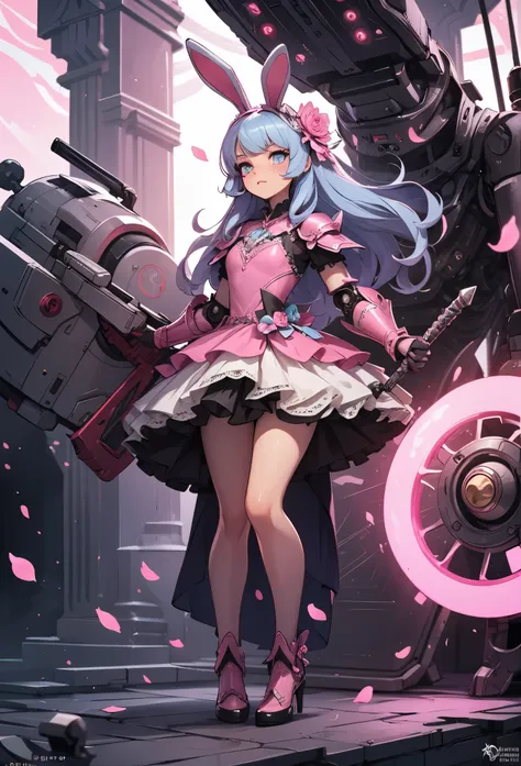 (Detailed illustrations,Very detailed and detailed drawing,Delicate lines with slow and rapid,Realistic texture expression),[Color tressed main line],(Battlefield of Fantasy World [Burning castle]),(GIRL ROBOT 12yo (Pink rabbit [METALFACE])) [WEAPON MACHIN...