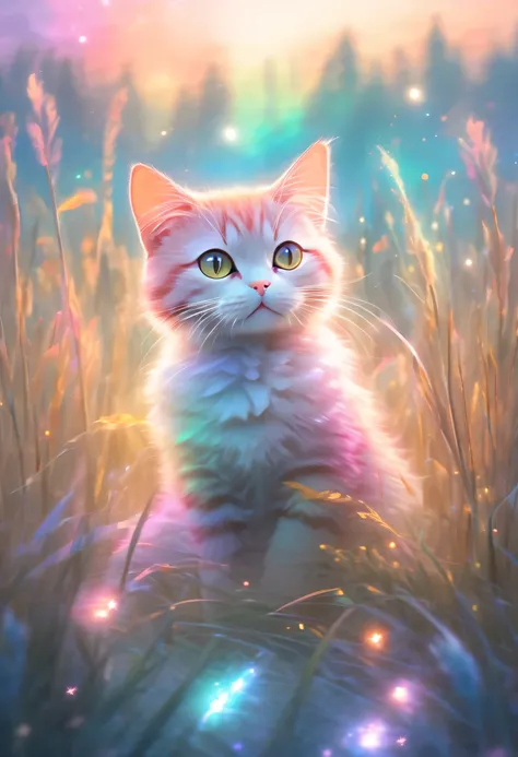 colorful、brightly lit sky，a cat sitting in a field surrounded by tall grass, pastel painting style, ethereal light effects, ligh...